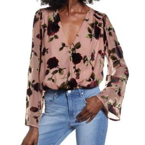 NWT ASTR Surplice Cut Velvet Top In Mauve Floral Rose Jacquard Print